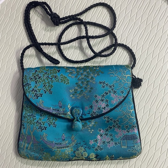 Source Unknown Handbags - Hand Made Teal Blue Pure Silk Embroidery Mini Cross-body Purse 8x6x.75"